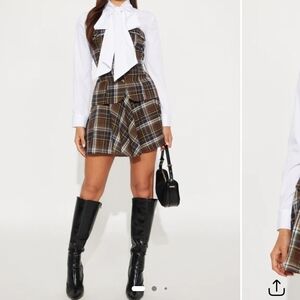Plaid Brown Mini Skirt Set (2 Piece)